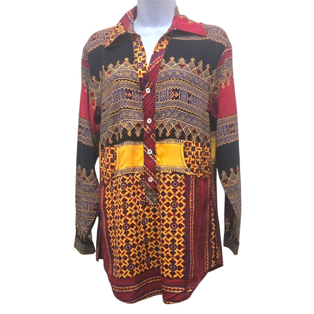 Plenty by Tracy Reese Boho Graphic Tunic Top XS Roll Tab Sleeve Button Front